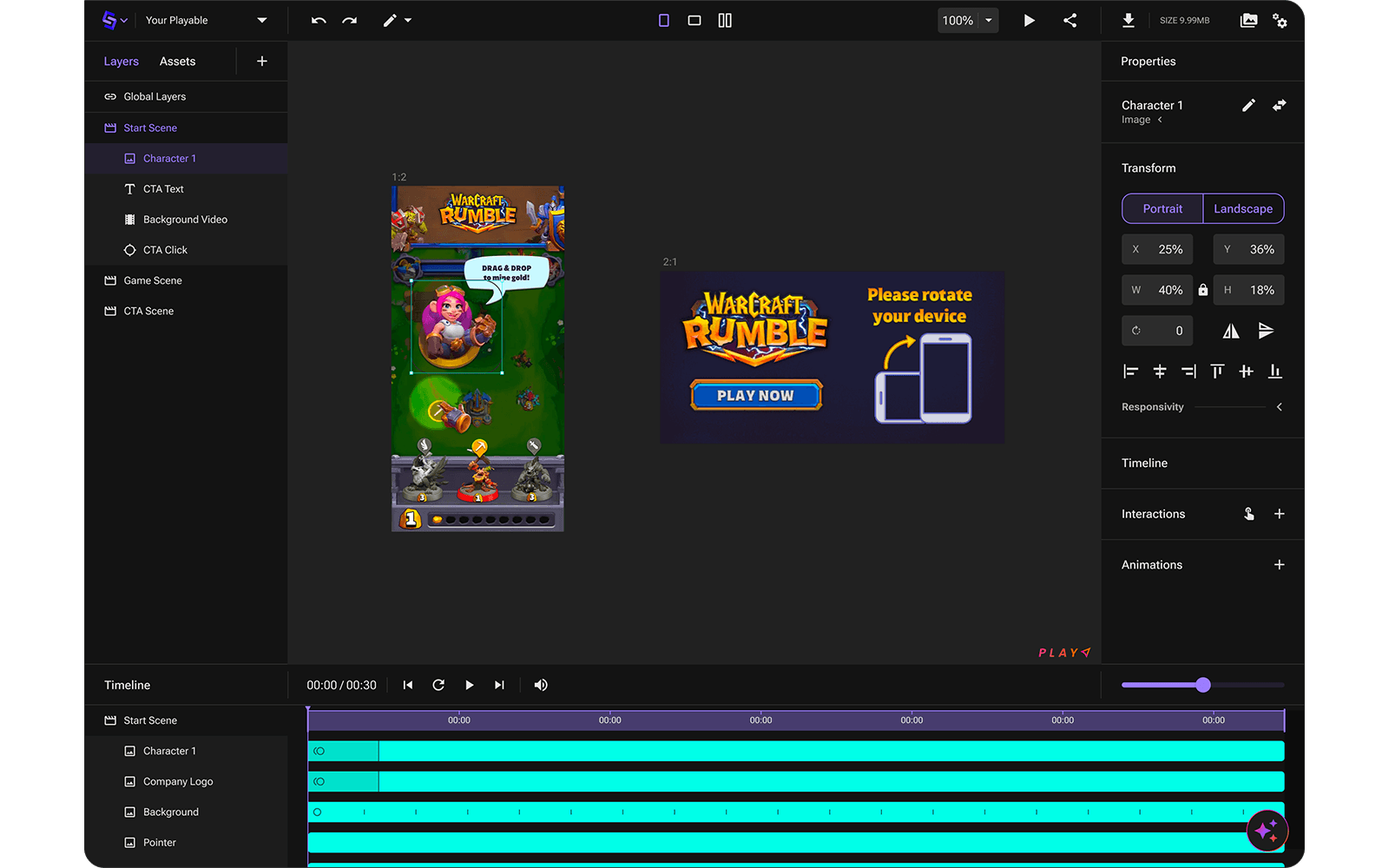 An interactive ad built in the PLAY editor, ready to export